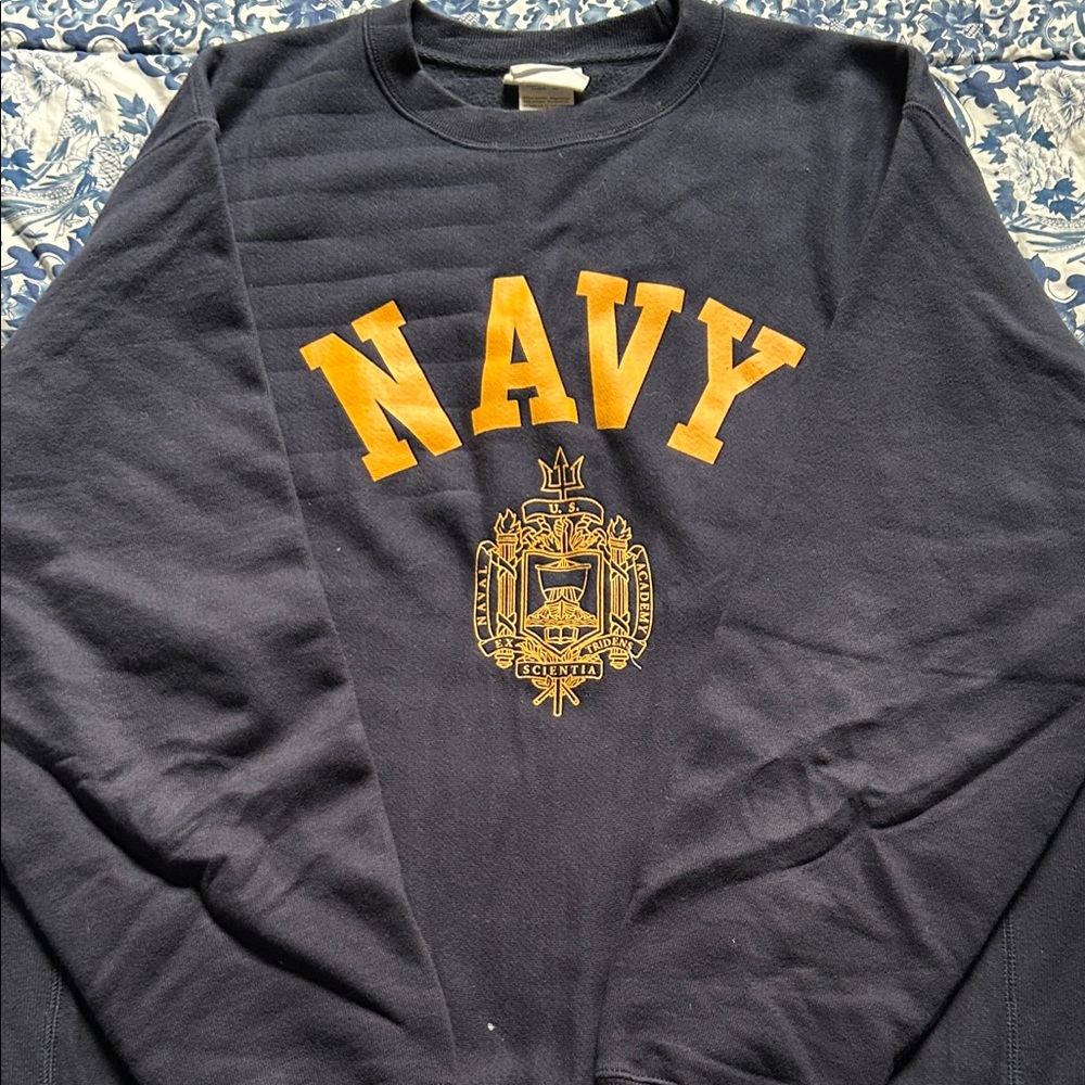 Champion Navy Blue Crewneck Sweater with Gold Emblem